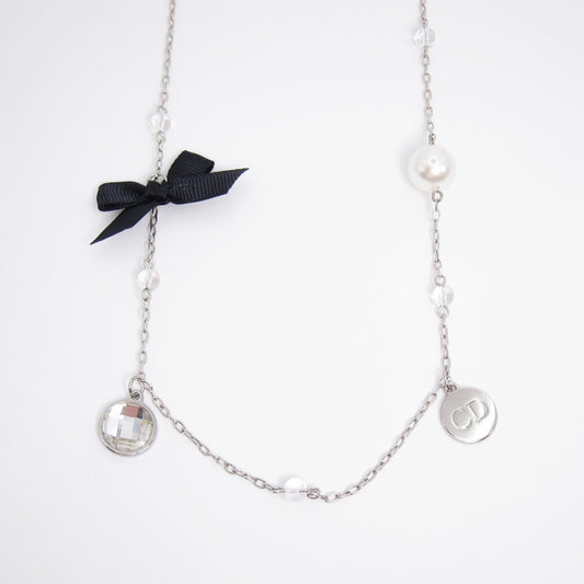 Christian Dior Vintage CD Logo Pearl Ribbon and Charms Silver Long Necklace