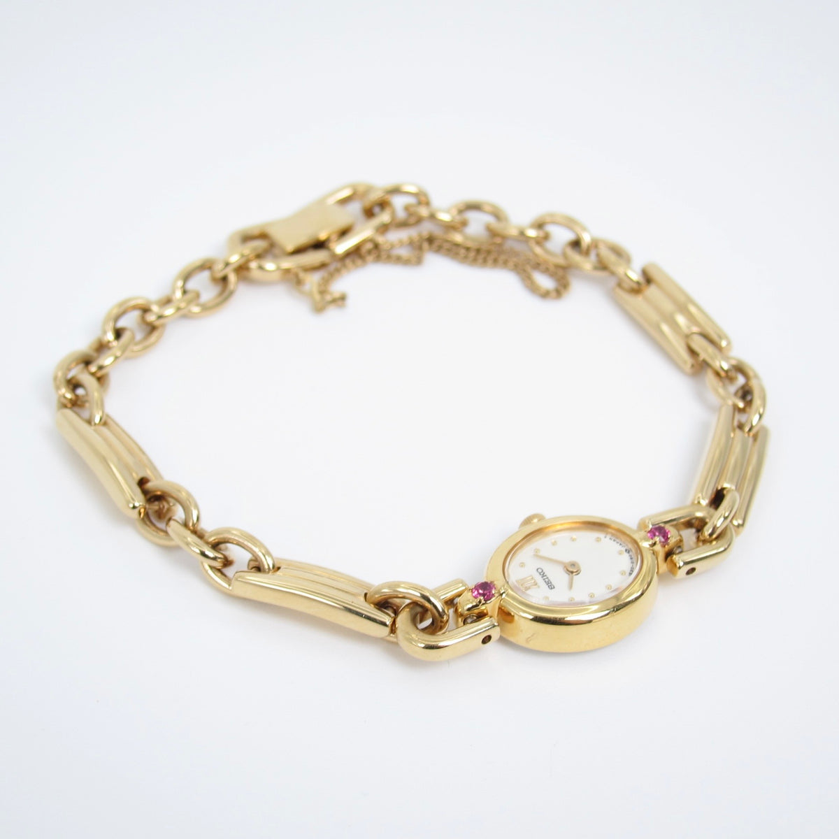 Seiko Vintage Oval Dial Amethyst Stone Bone Link Golden Watch