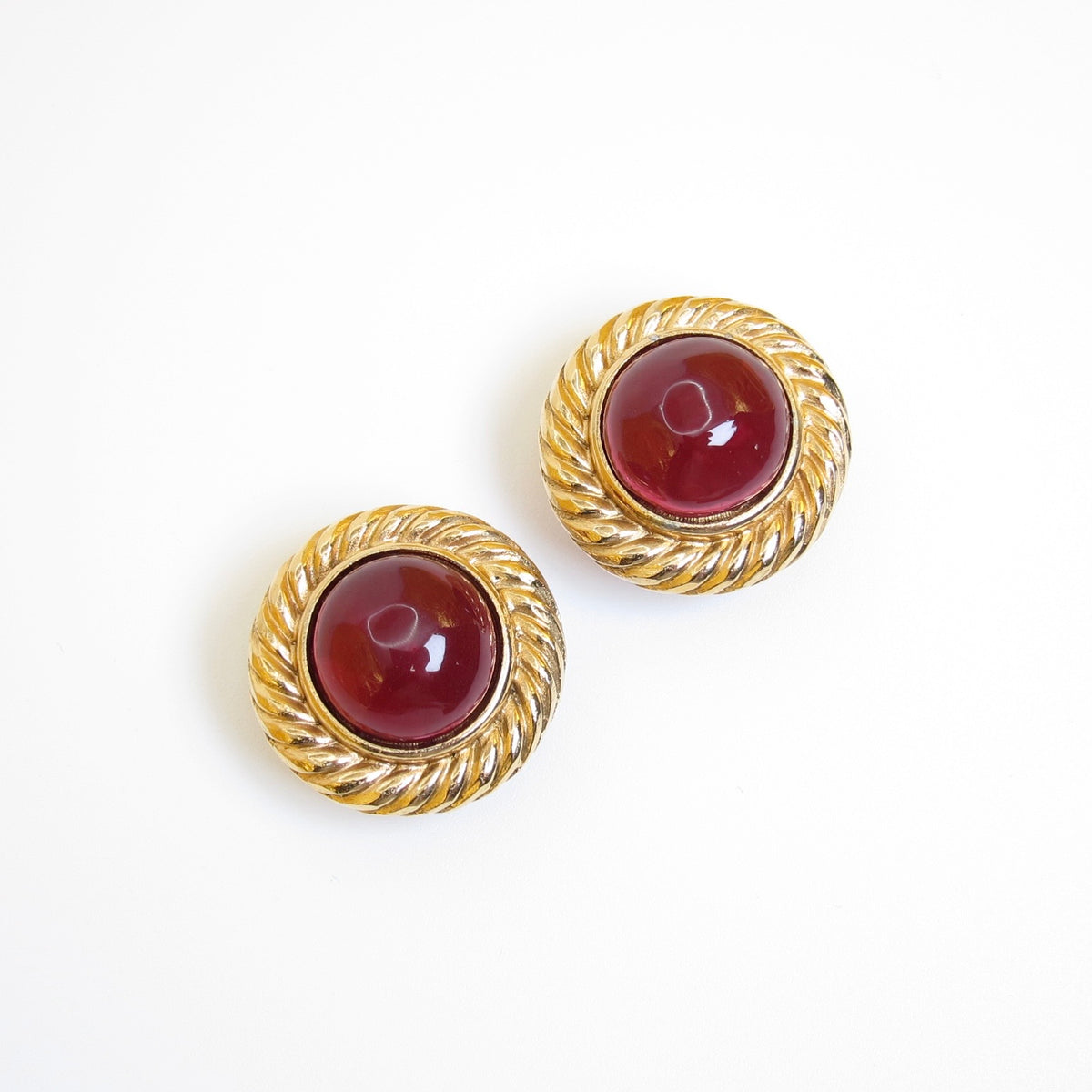 Chanel Vintage Red Gripoix Glass Round Rope Golden Clip-on Earrings