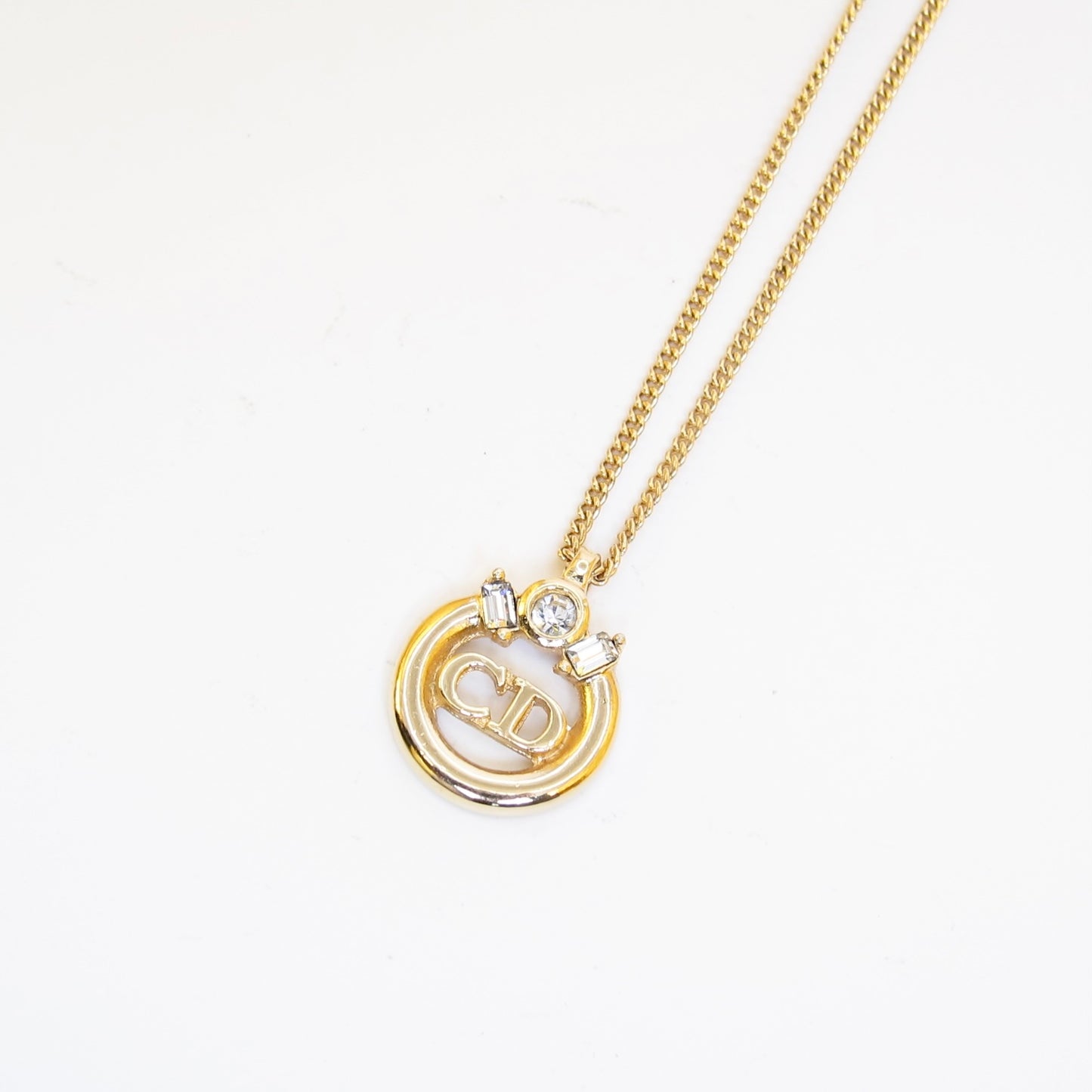 Christian Dior Vintage CD Logo in Circle with Rhinestone Golden Necklace