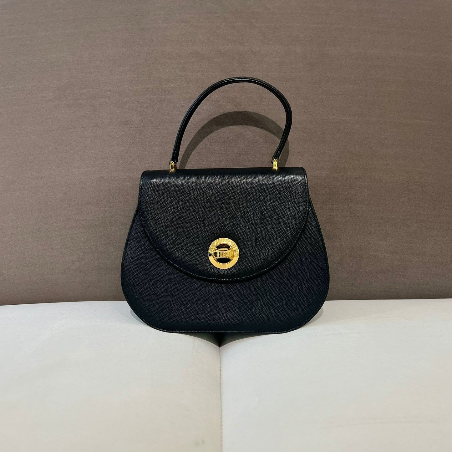 Givenchy Vintage Golden Turn Lock Black Leather Top Handle Bag With Shoulder Strap