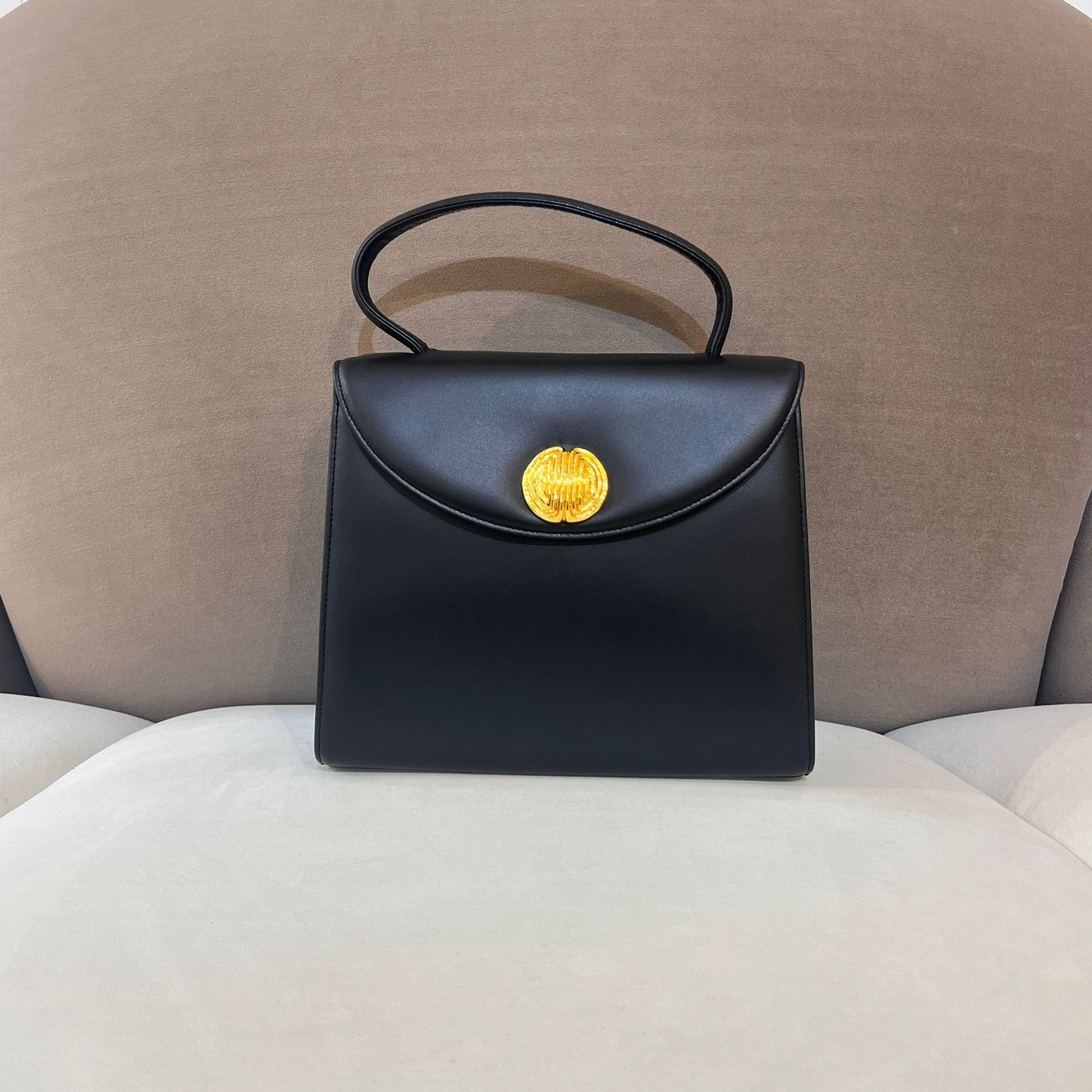 Givenchy Vintage Black Leather Gold Emblem Top Handle Bag
