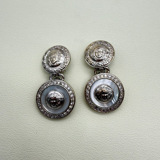 Gianni Versace Vintage Medusa in Double Round Shape with Rhinestone Silver Clip-on Earrings