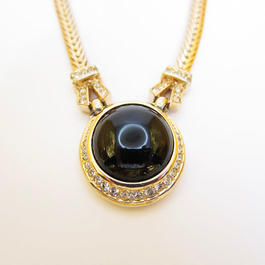 Christian Dior Vintage Round Shape Black and Rhinestone Golden Necklace