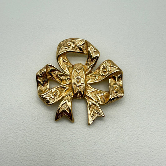Burberry Vintage Ribbon and Flower Motif Golden Brooch
