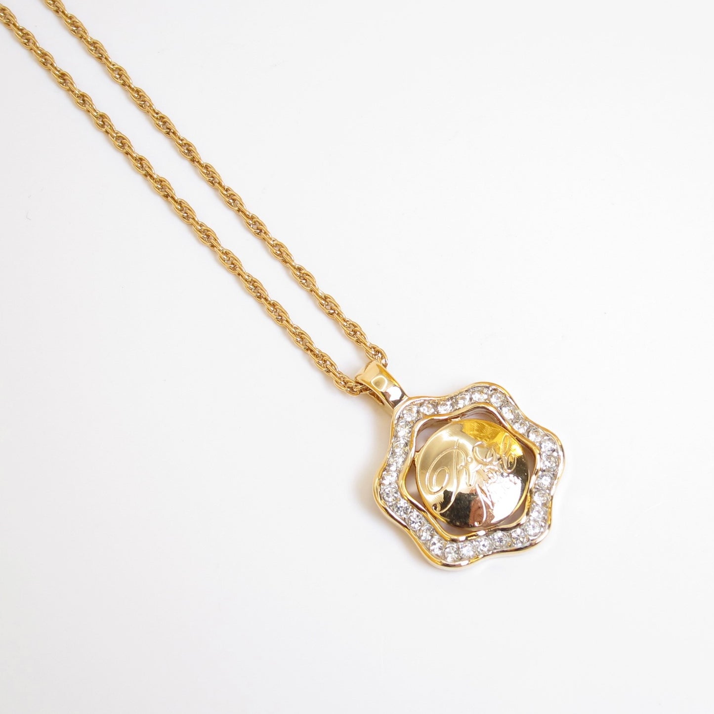 Nina Ricci Vintage Logo on Circle and Ruffle Edge with Rhinestone Golden Necklace