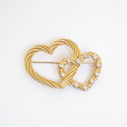 Christian Dior Vintage Double Heart with Rhinestone Golden Brooch