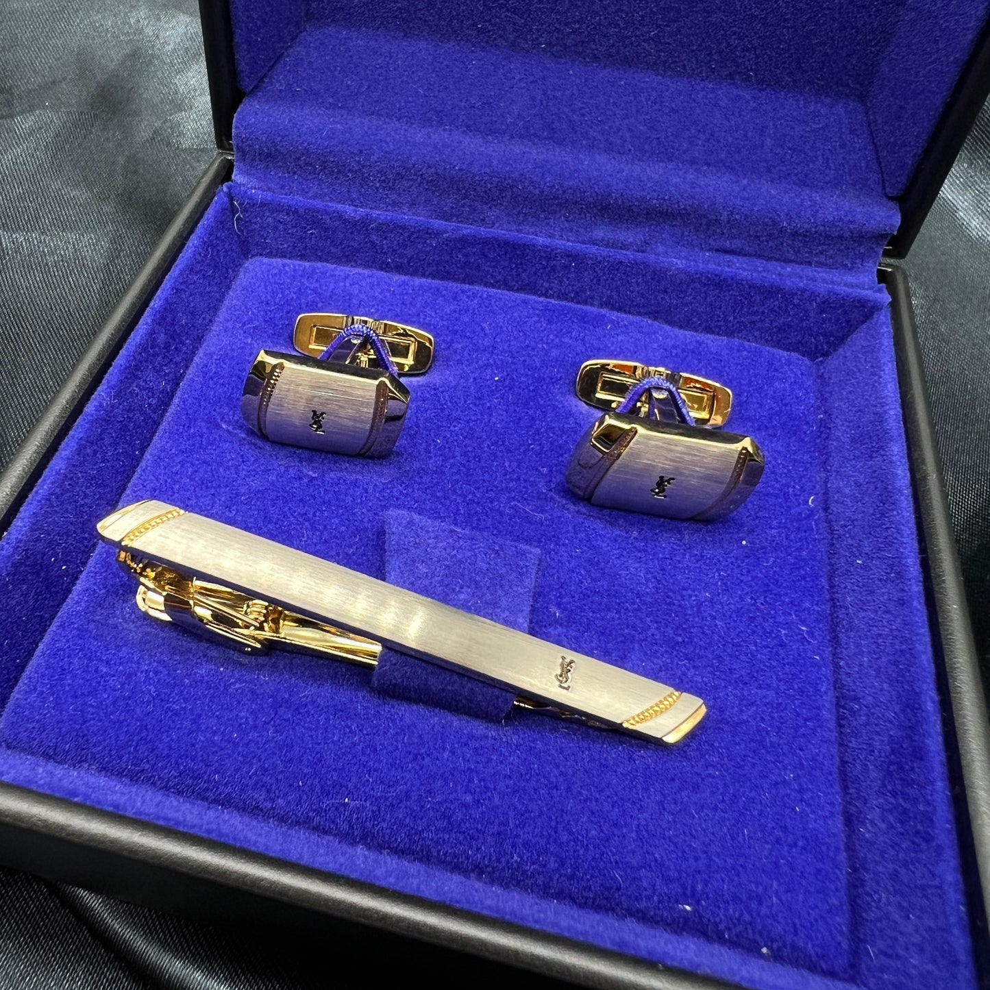 Yves Saint Laurent Vintage Logo Silver Gold Tie Clip And Cufflink