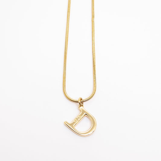 Christian Dior Vintage D Logo Pendant Golden Necklace