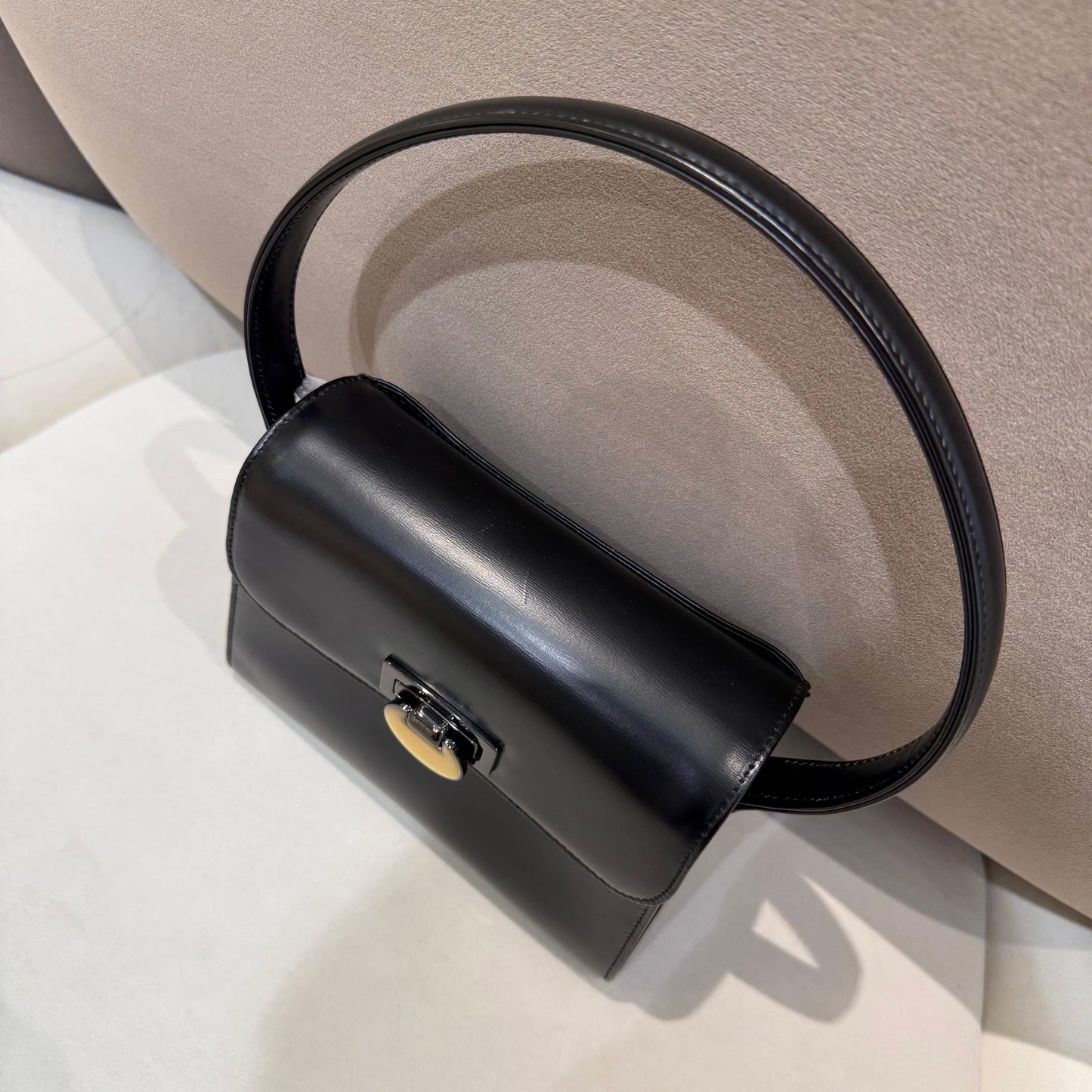 Givenchy Vintage Black Leather Curved Flap Top Handle Handbag