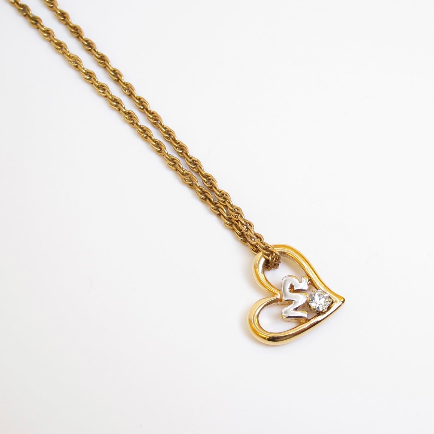 Nina Ricci Vintage NR Logo in Heart with Single Rhinestone Golden Necklace
