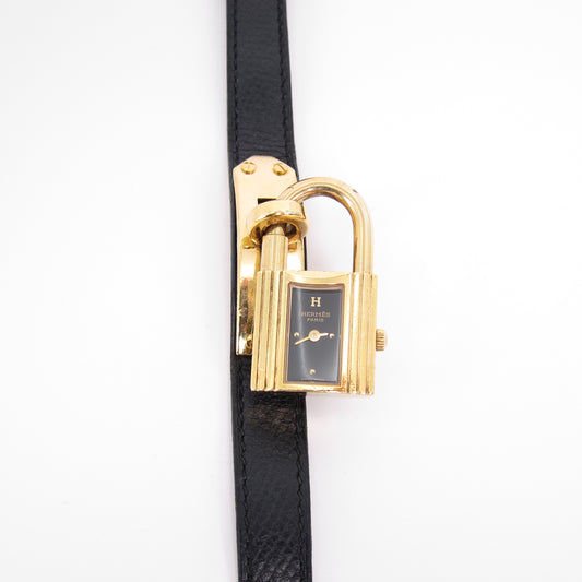 Hermes Vintage Black Face Kelly Watch with Leather Strap