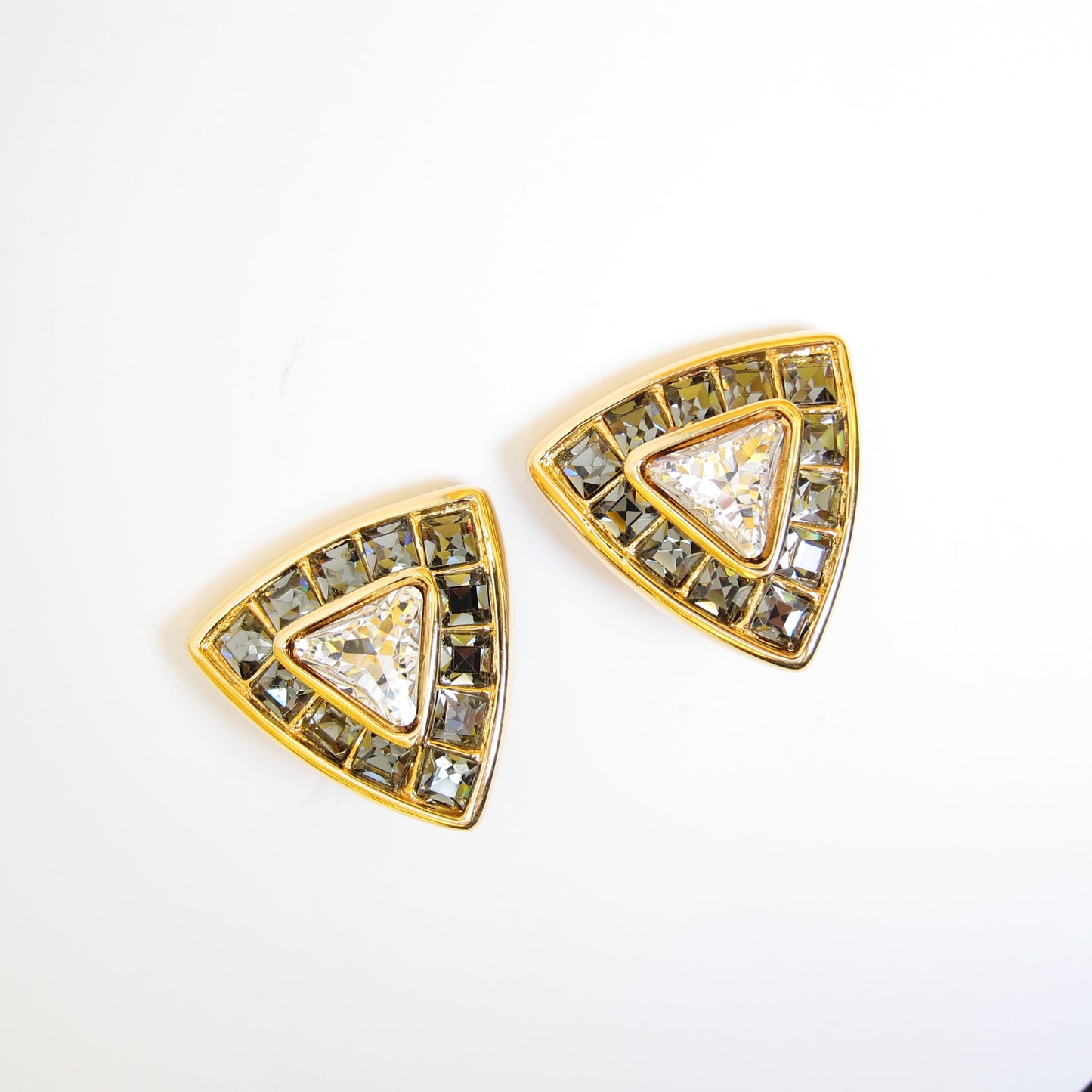 Yves Saint Laurent Vintage Triangle Two Tone Stone Golden Clip-on Earrings