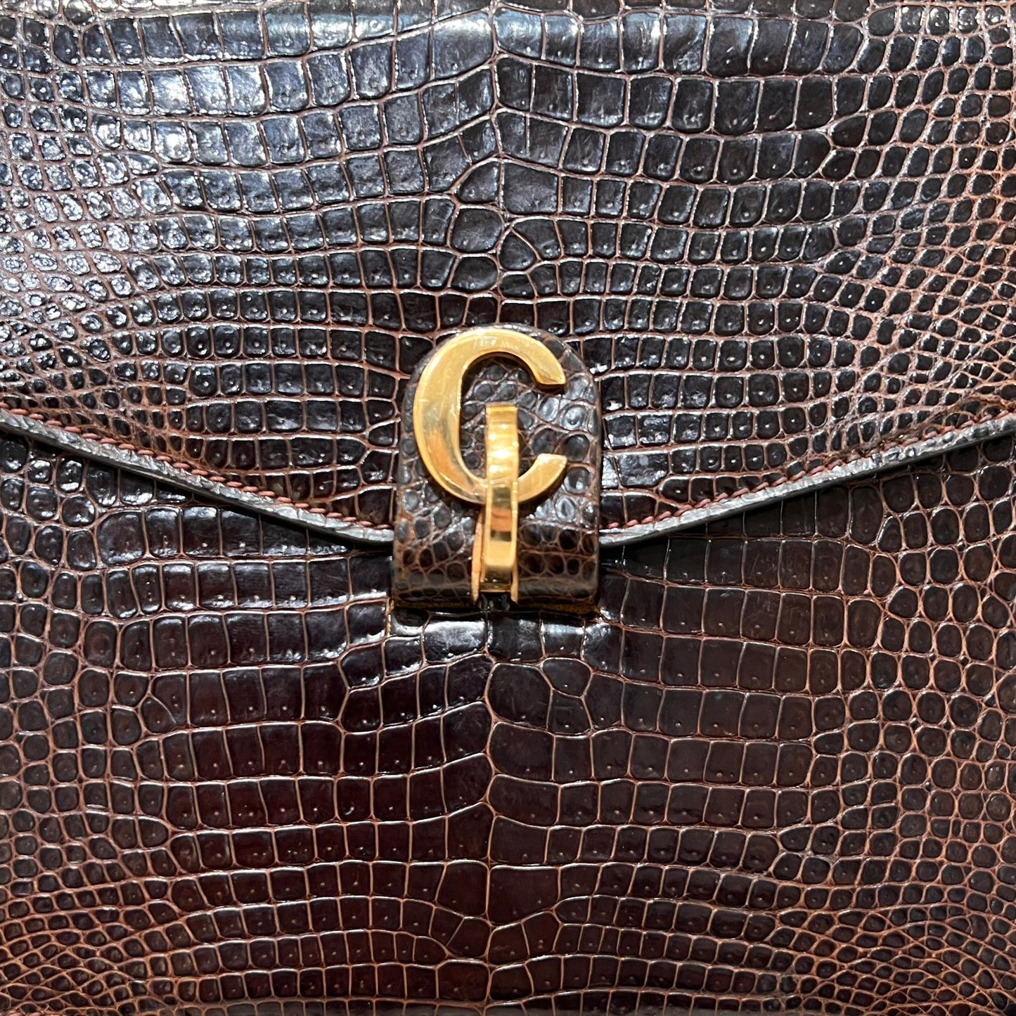 Christian Dior Vintage Crocodile-Embossed Brown G-Clasp Handbag