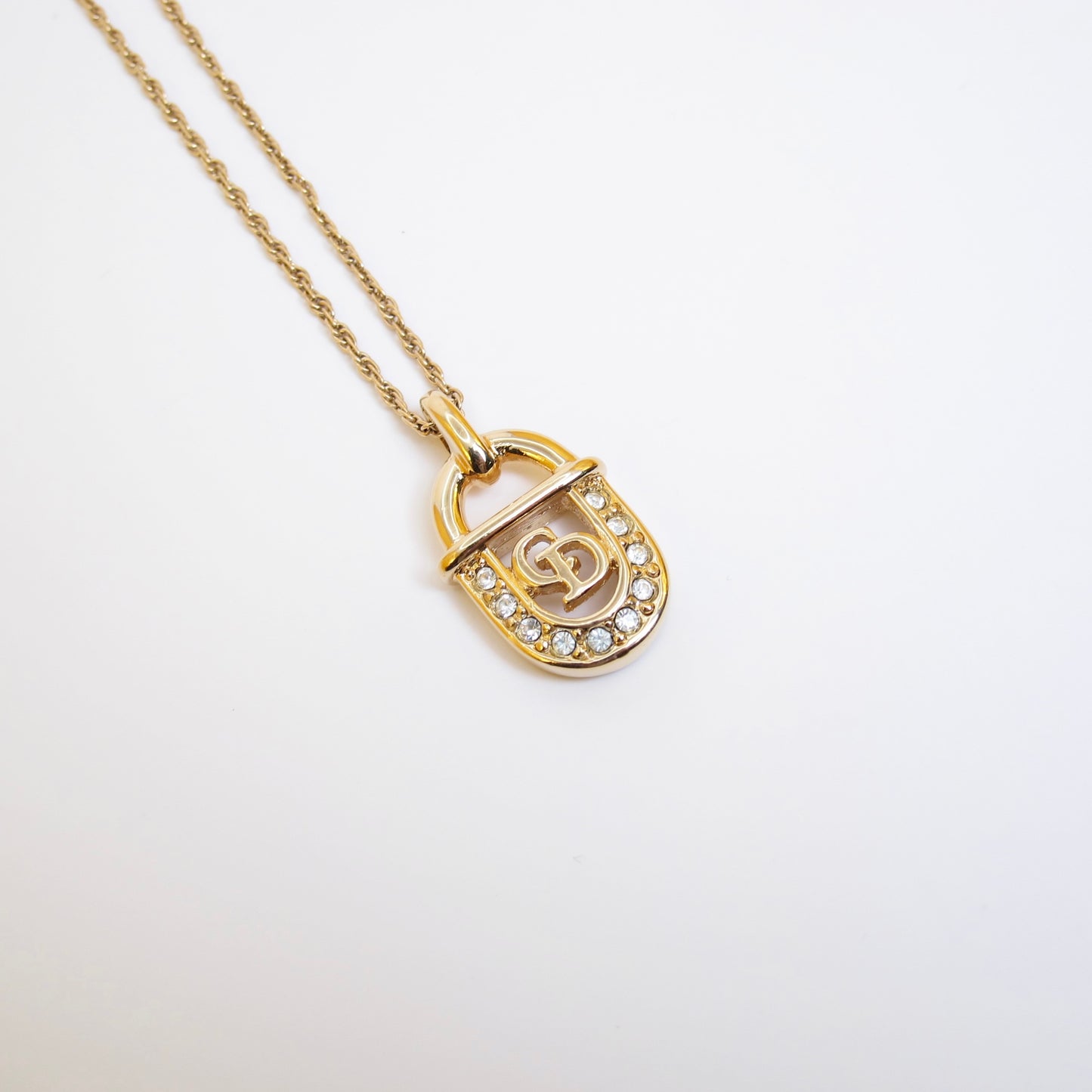 Christian Dior Vintage CD Logo in Padlock with Rhinestone Golden Necklace