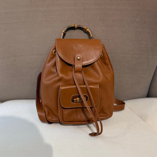 Gucci Vintage Mini Bamboo Tan Leather Backpack With Front Pocket