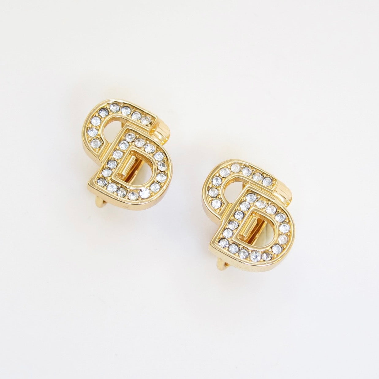 Christian Dior Vintage CD Logo with Rhinestone Golden Clip-on Earrings