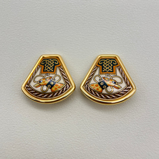 Hermes Vintage Multi Color Enamelled Golden Clip-on Earrings