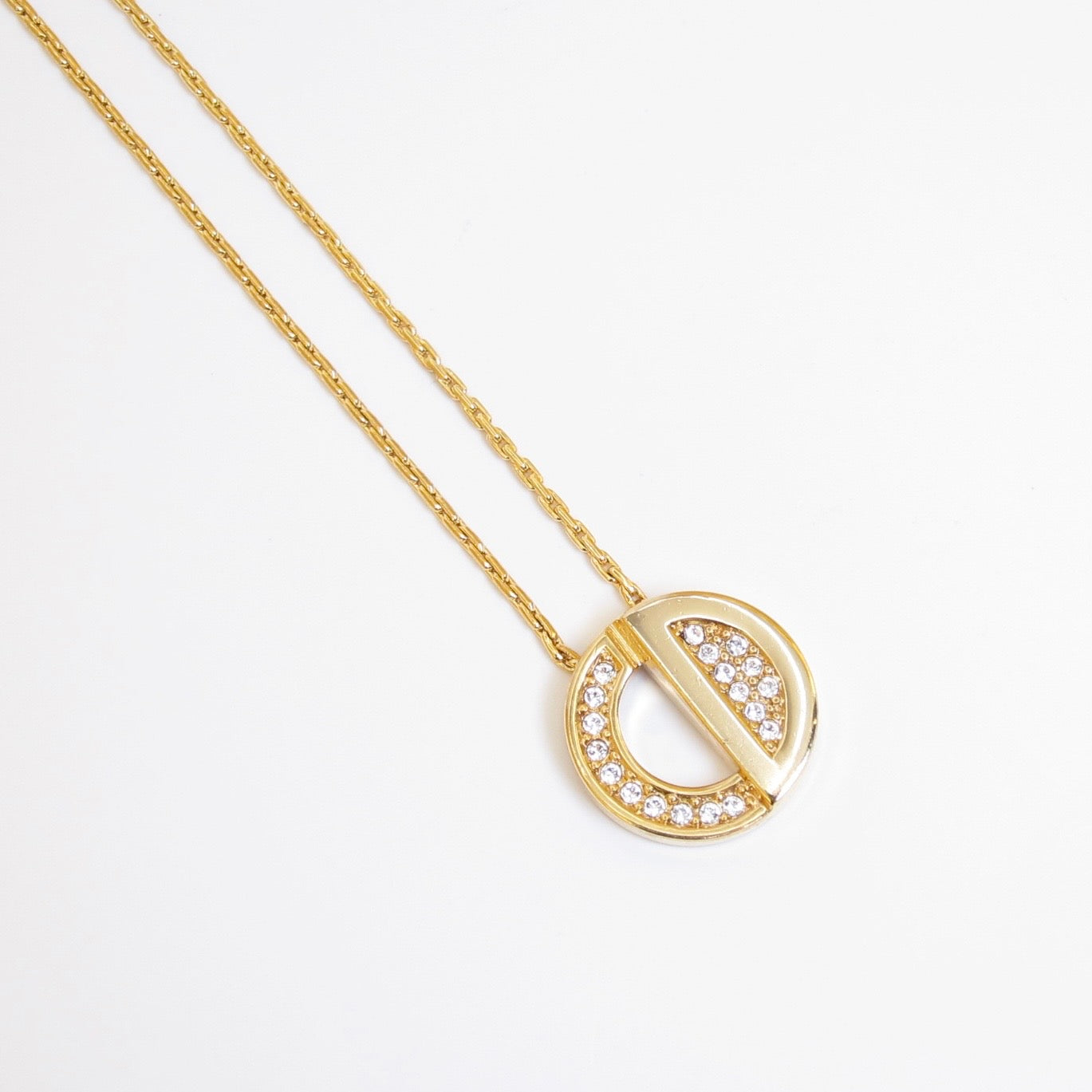 Christian Dior Vintage Round CD Logo with Rhinestone Golden Necklace