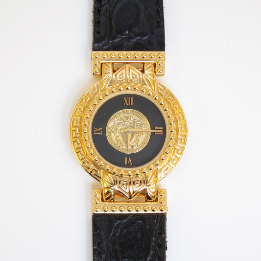 Versace Vintage Round Black Face with Medusa Coin and Leather Strap Golden Watch