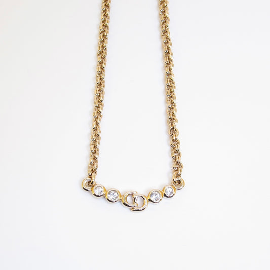 Christian Dior Vintage CD Logo and Rhinestone Golden Necklace