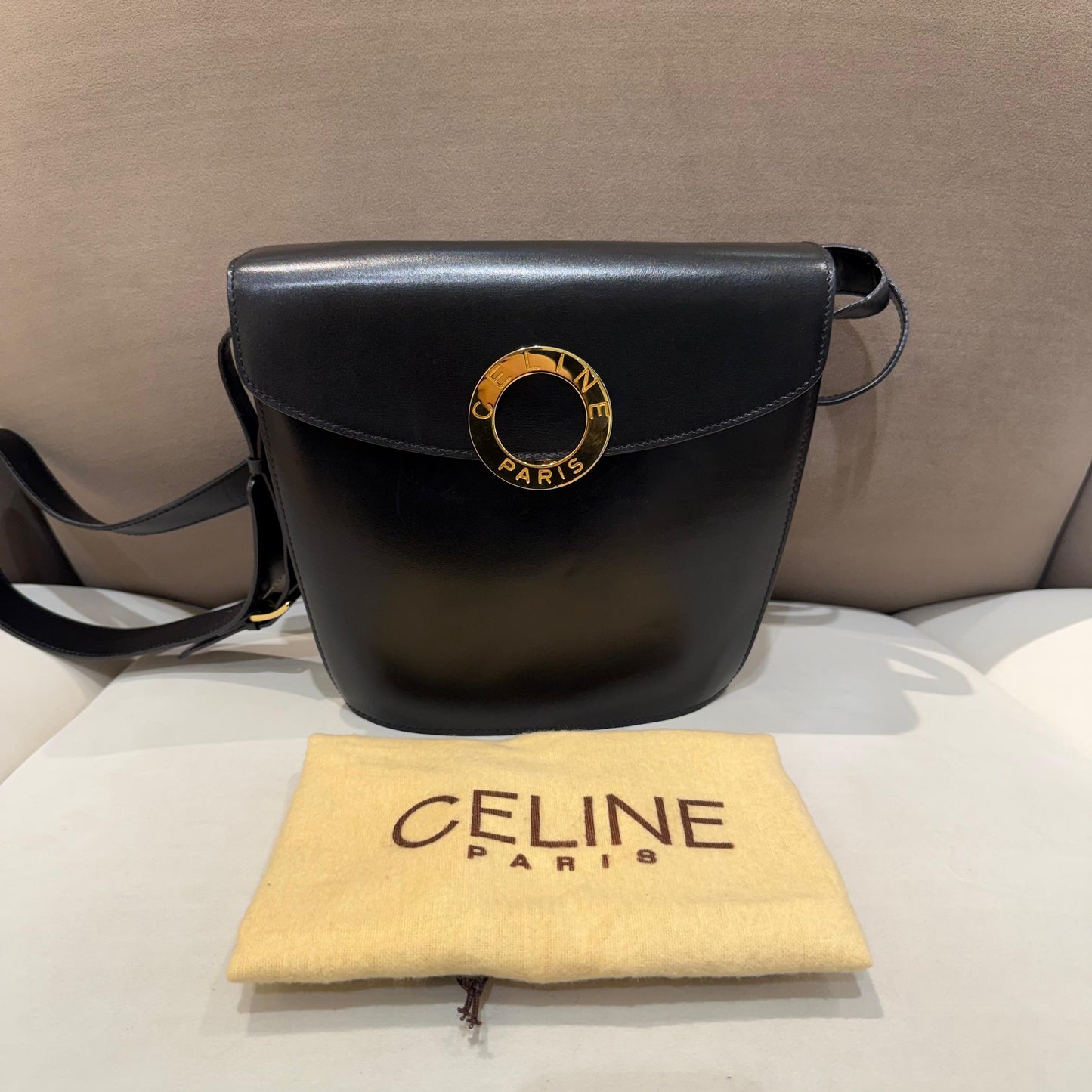 Celine Vintage Black Leather Circle Logo Shoulder Bag