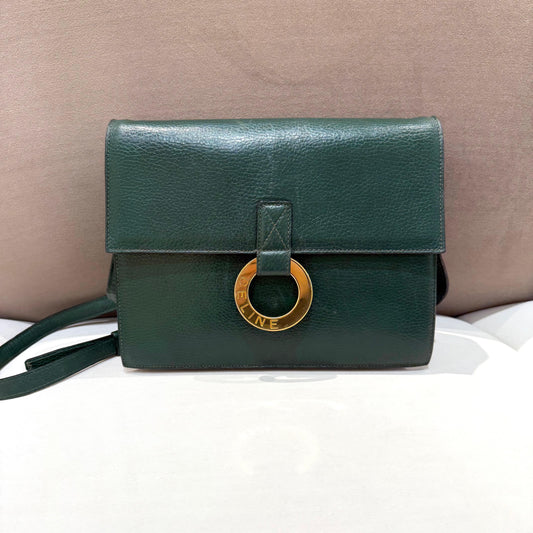 Celine Vintage Circle Logo Forest Green Leather Shoulder Bag