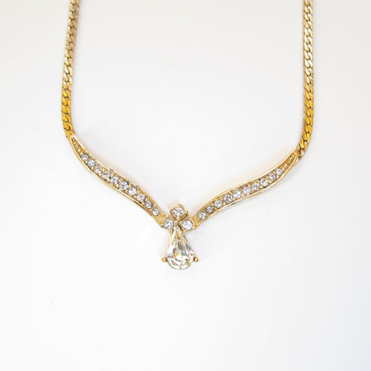 Christian Dior Vintage Stylish Rhinestone Pendant Golden Necklace