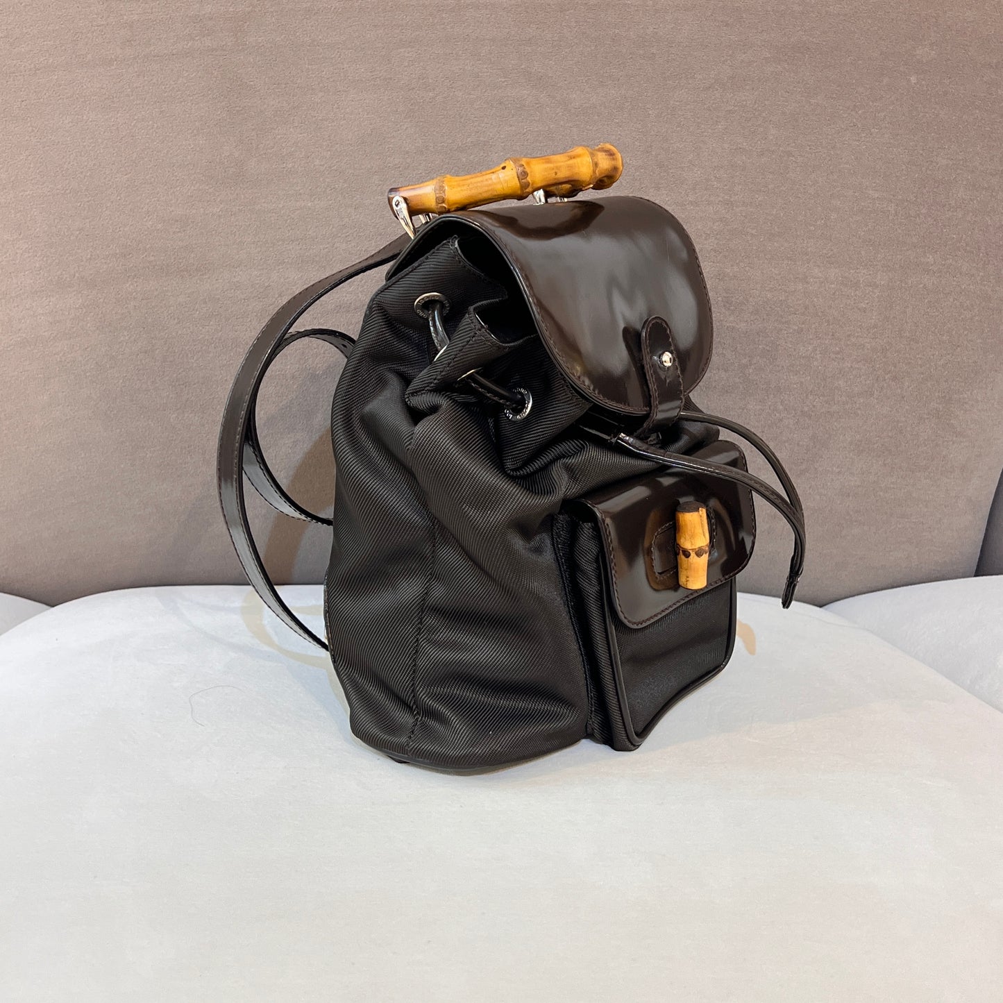 Gucci Vintage Bamboo Nylon Black Leather Trim Backpack