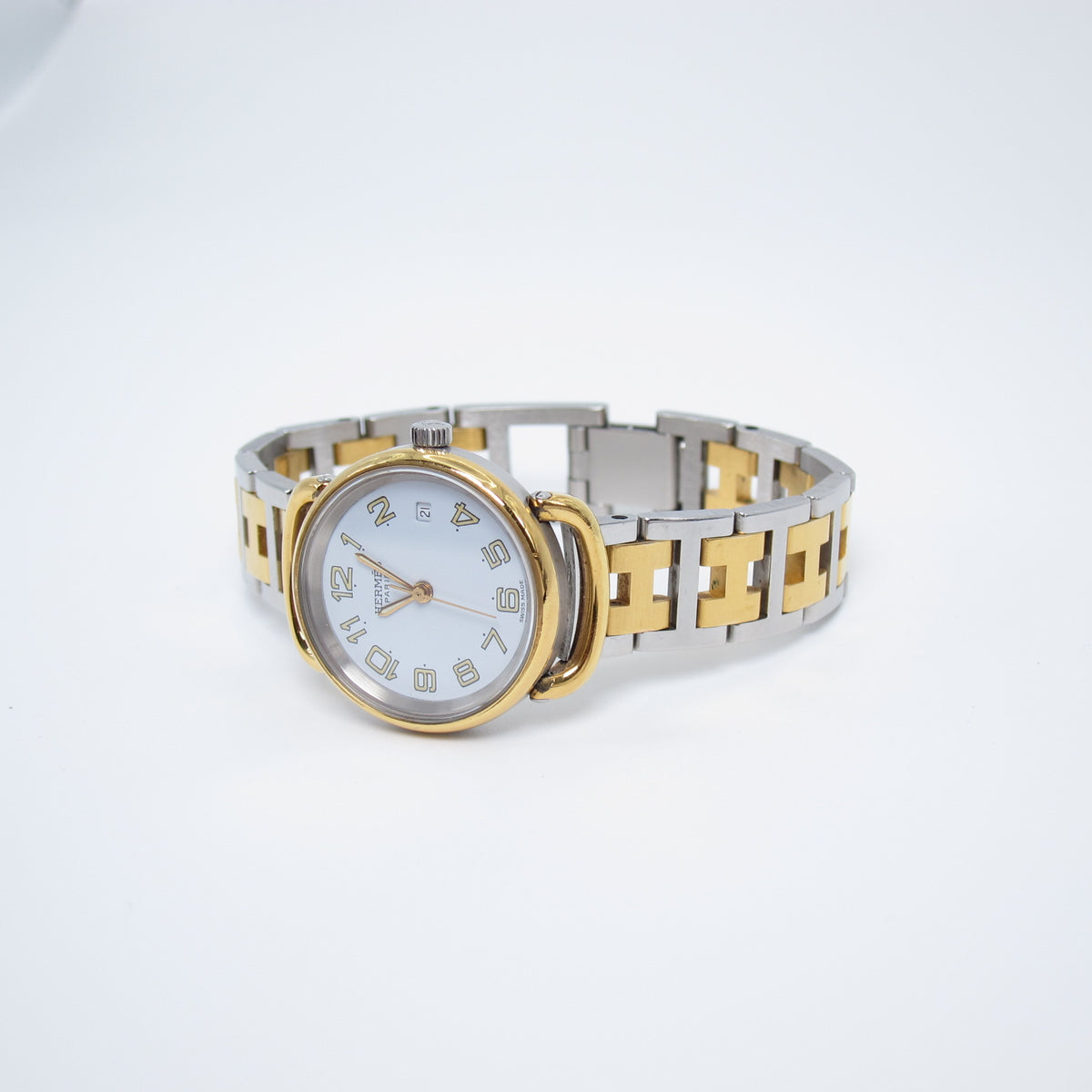 Hermes Vintage Pullman White Face with Date and H Bracelet Two Tone Watch
