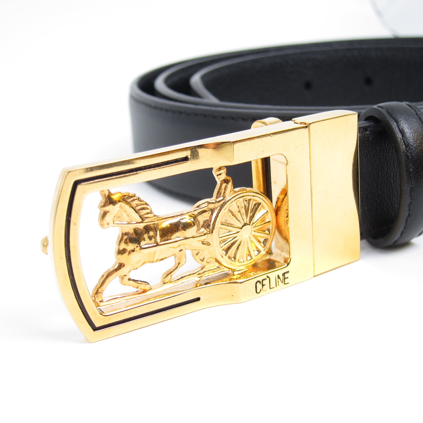 Celine Vintage Sulky Carriage Golden Buckle Black Leather Belt