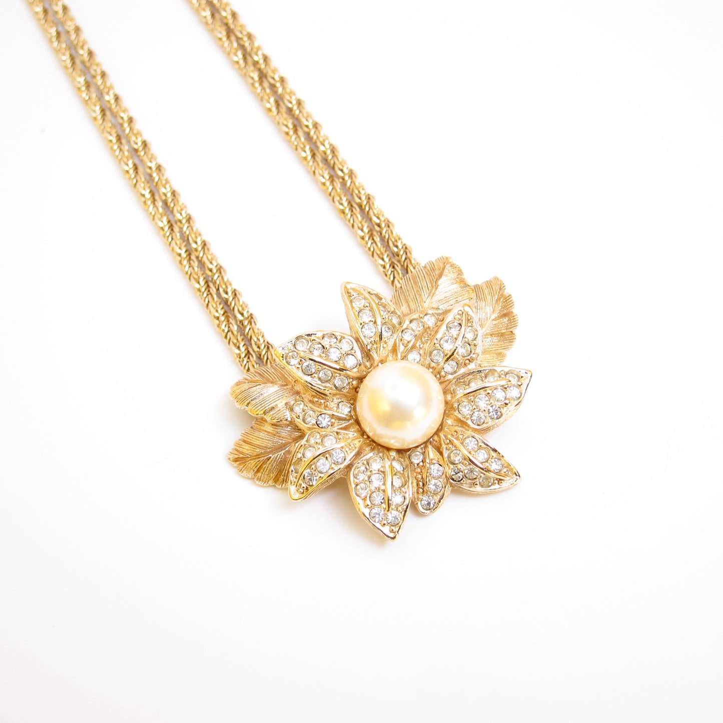 Christian Dior Vintage Flower Motif with Pearl and Rhinestone Golden Necklace