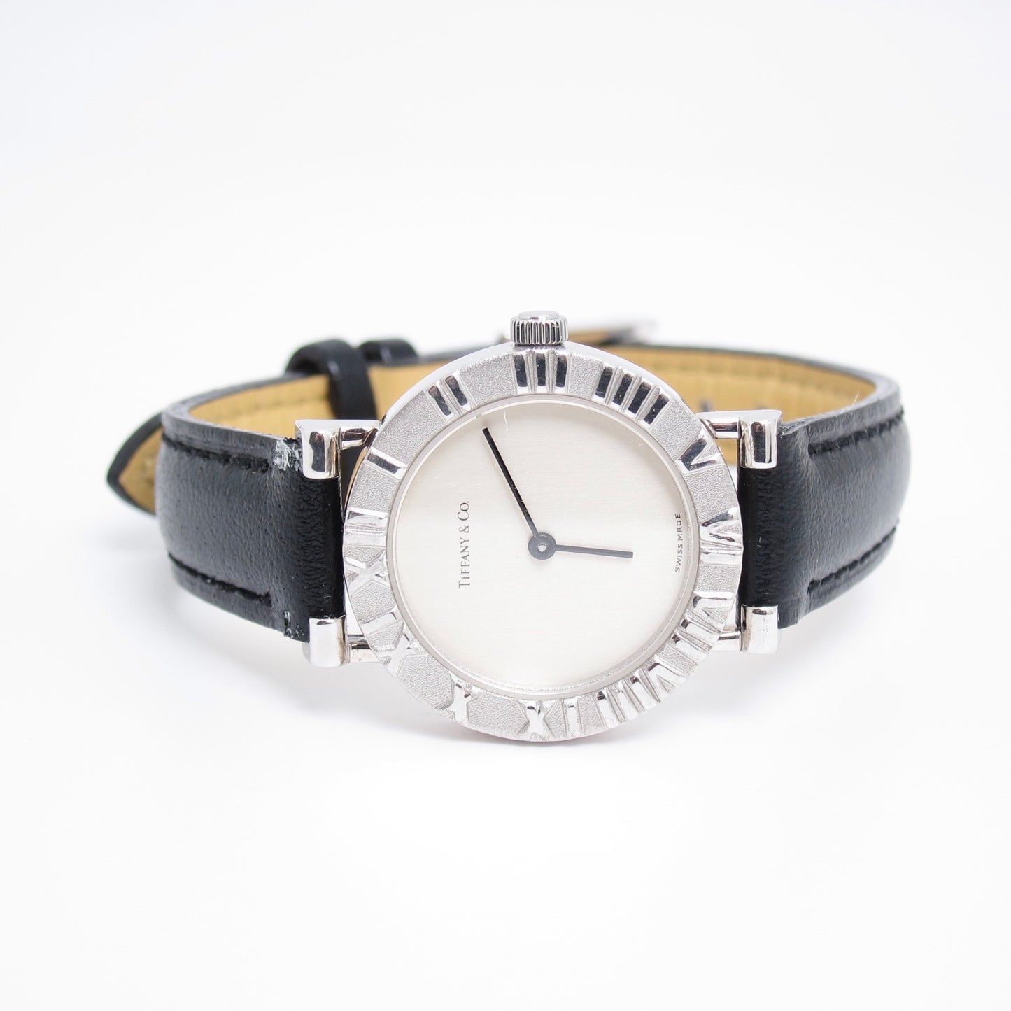 Tiffany Vintage Atlas Round Dial 925 Sterling Silver and Black Leather Strap Quartz Watch