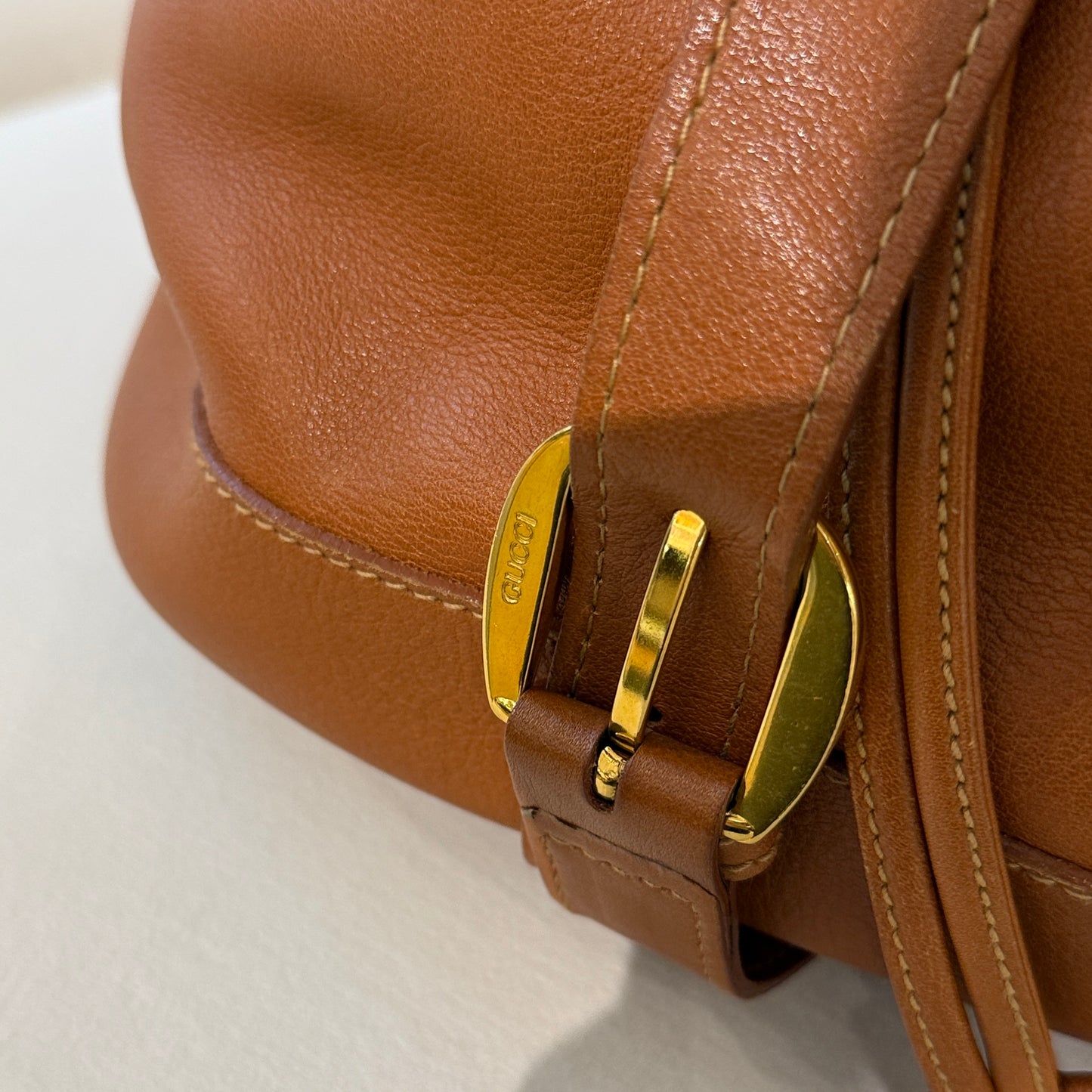 Gucci Tan Leather Bucket Backpack With Bamboo Handle