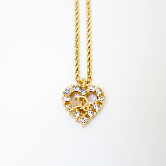 Christian Dior Vintage Dior Logo in Heart Shape with Rhinestone Golden Necklace