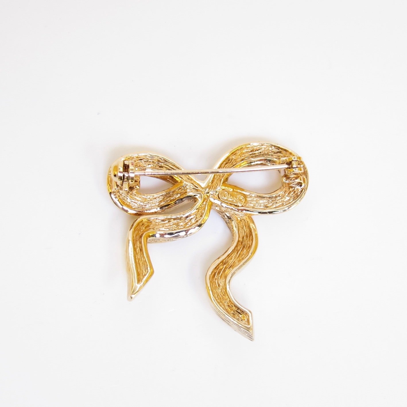 Christian Dior Vintage Ribbon with Rhinestone Golden Brooch