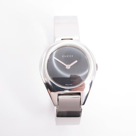 Gucci Vintage Round Black Face Horsebit Silver Bangle Watch