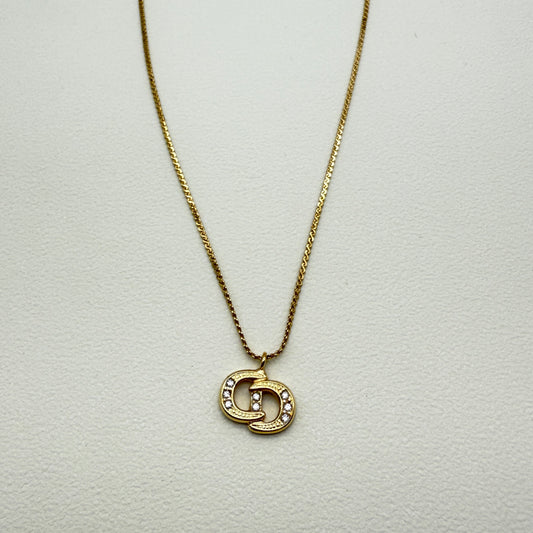 Christian Dior Vintage CD Logo with Rhinestone Golden Necklace