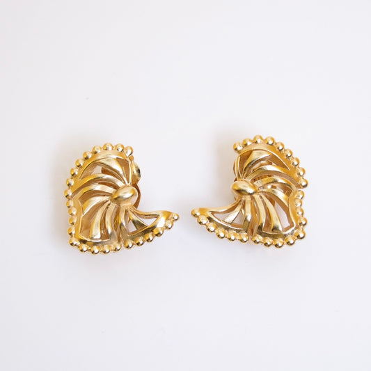 Nina Ricci Vintage Ribbed Ribbon Bow Golden Clip-on Earrings