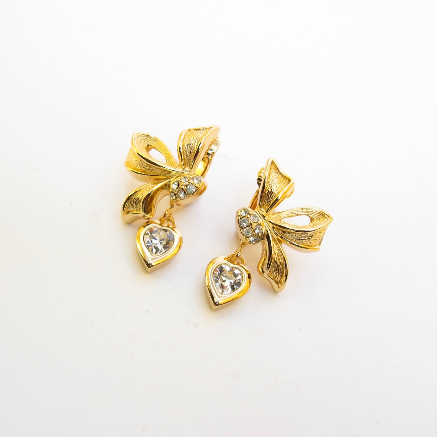 Christian Dior Vintage Ribbon Motif and Rhinestone Golden Clip-on Earrings
