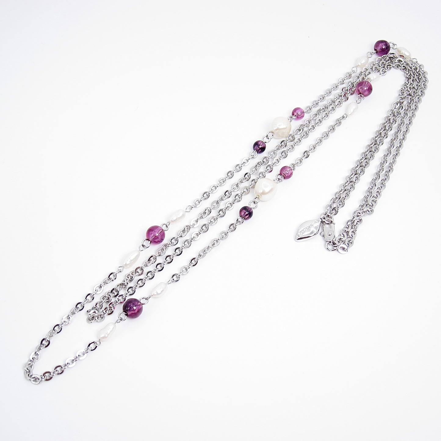 Givenchy Vintage Pearl and Purple Bead Silver Long Necklace