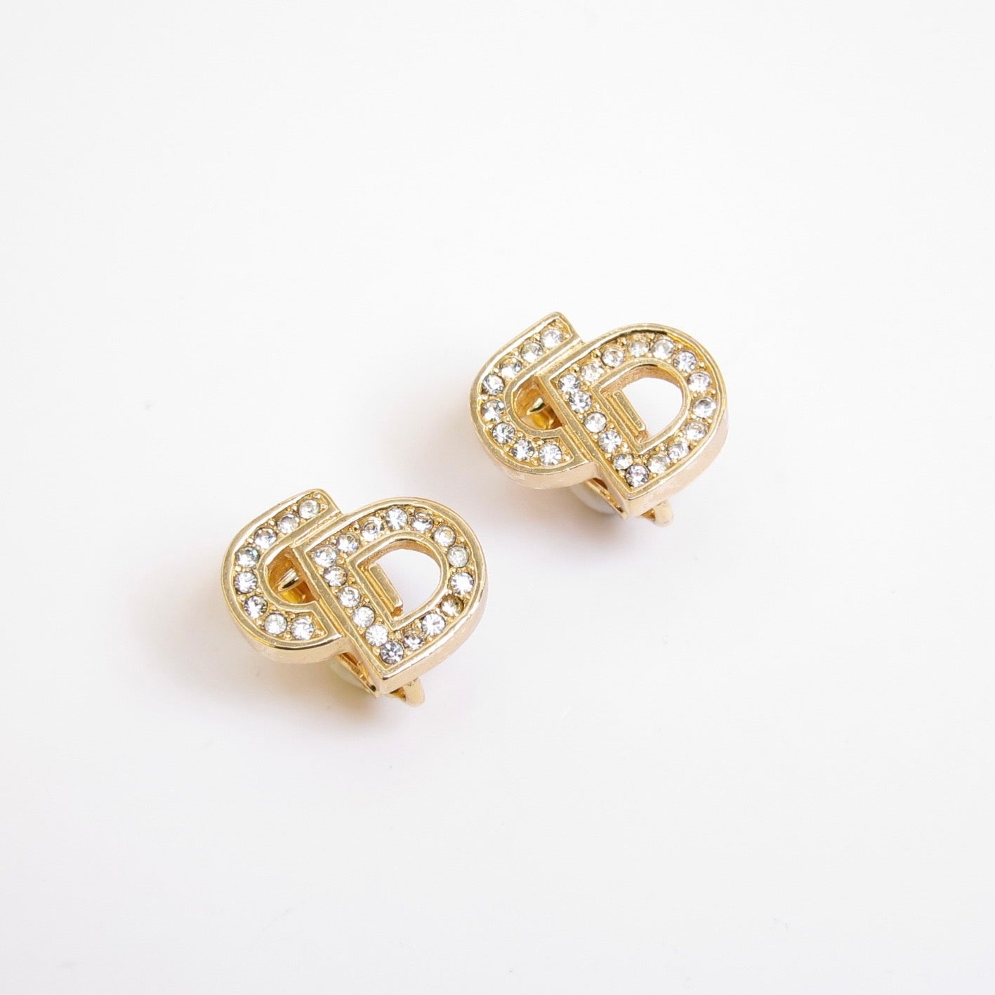 Christian Dior Vintage CD Logo with Rhinestone Golden Clip-on Earrings