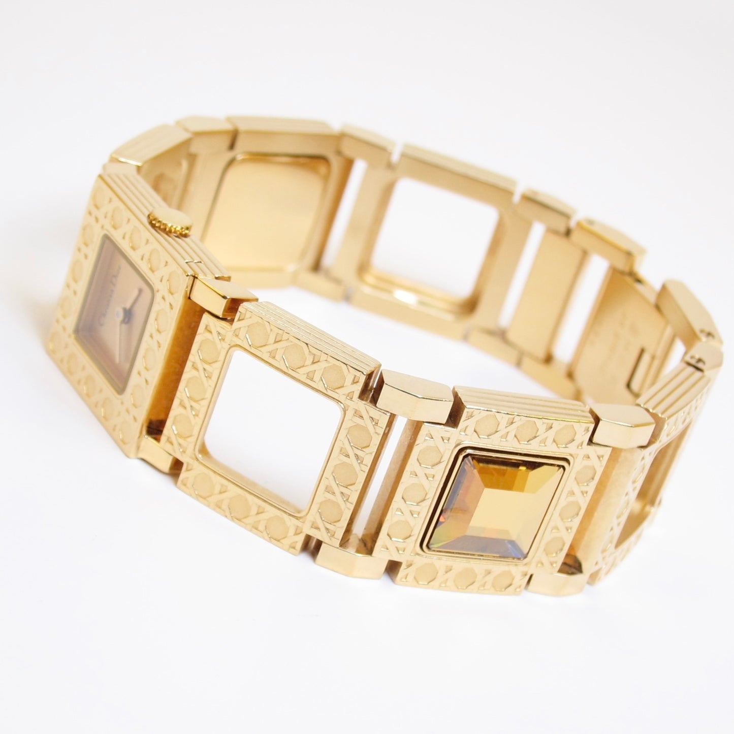 Christian Dior Vintage La Parisienne D60-159 Gold Cannage Bracelet with Removable Yellow Stone Watch