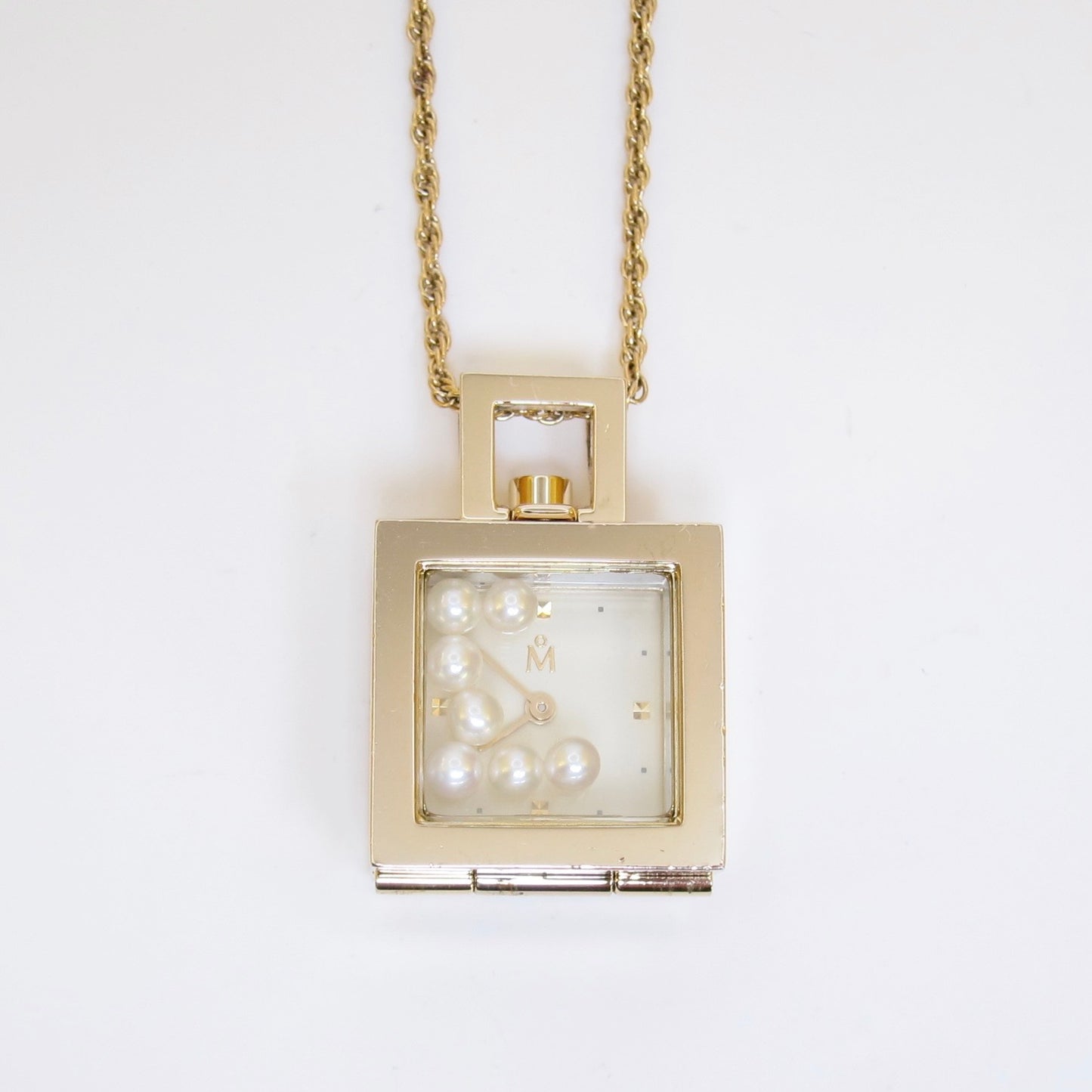 Mikimoto Vintage Square Ivory Face Golden Pendant Watch with Pearl Box and Necklace