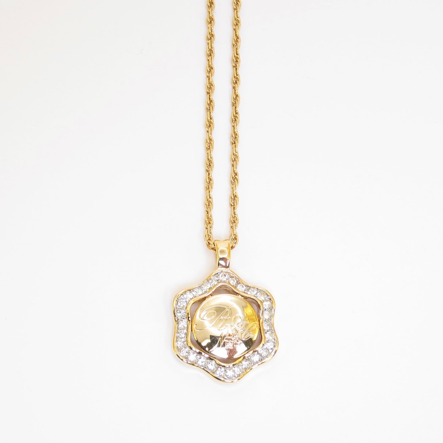 Nina Ricci Vintage Logo on Circle and Ruffle Edge with Rhinestone Golden Necklace