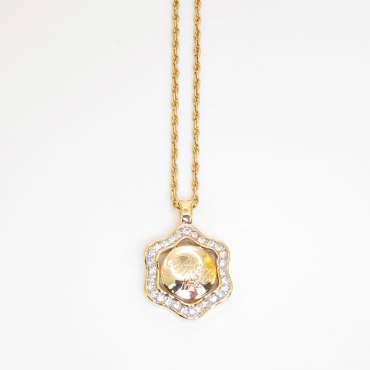 Nina Ricci Vintage Logo on Circle and Ruffle Edge with Rhinestone Golden Necklace