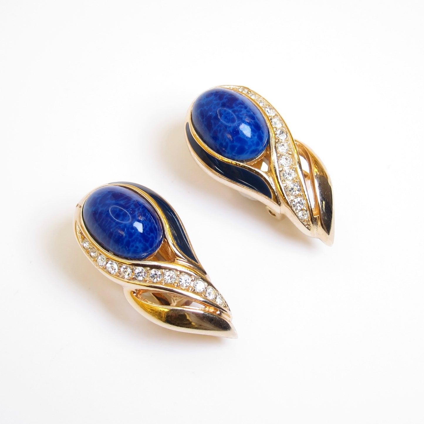 Christian Dior Vintage Lapis Lazuli Navy and Rhinestone Golden Clip-on Earrings