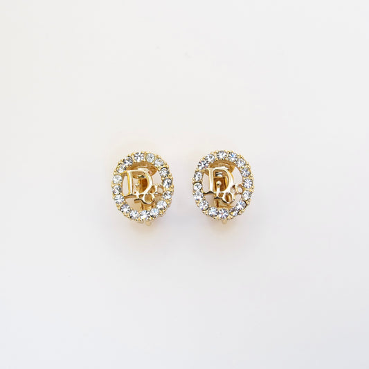 Christian Dior Vintage Dior Logo in Oval Shape with Rhinestone Golden Clip-on Earrings