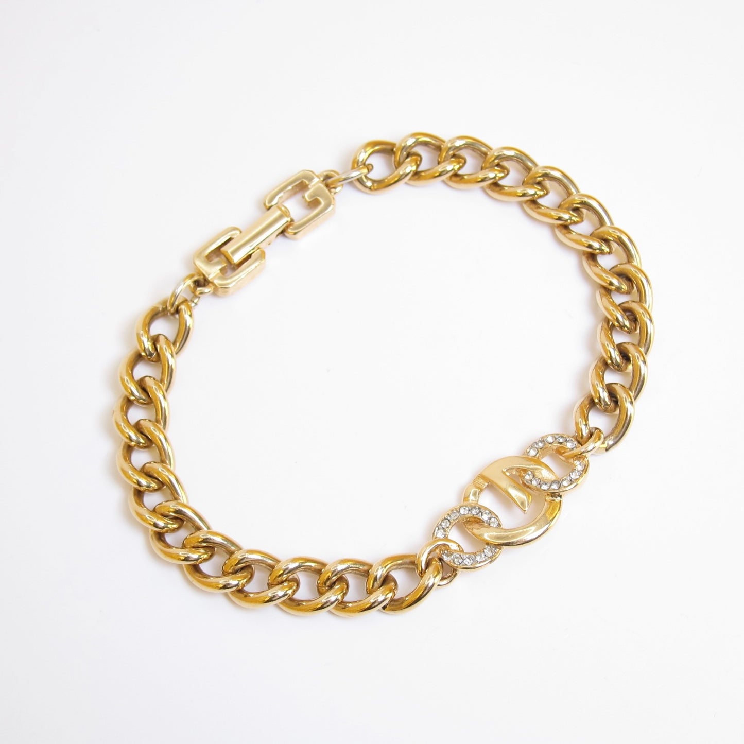 Givenchy Vintage G Logo and Rhinestone Golden Chain Bracelet