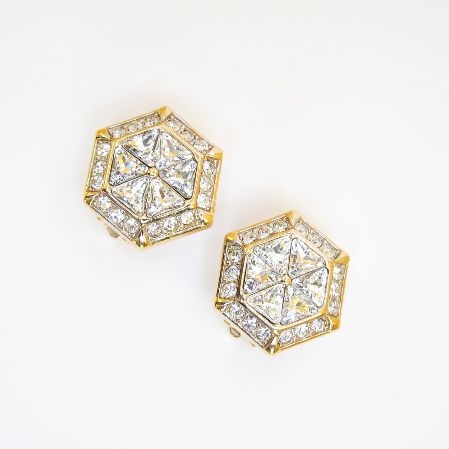 Nina Ricci Vintage Hexagon with Rhinestone Golden Clip-on Earrings